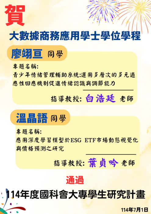 【賀】本學程廖翊亘、溫晶語同學 通過「114年度國科會大專學生研究計畫」圖片